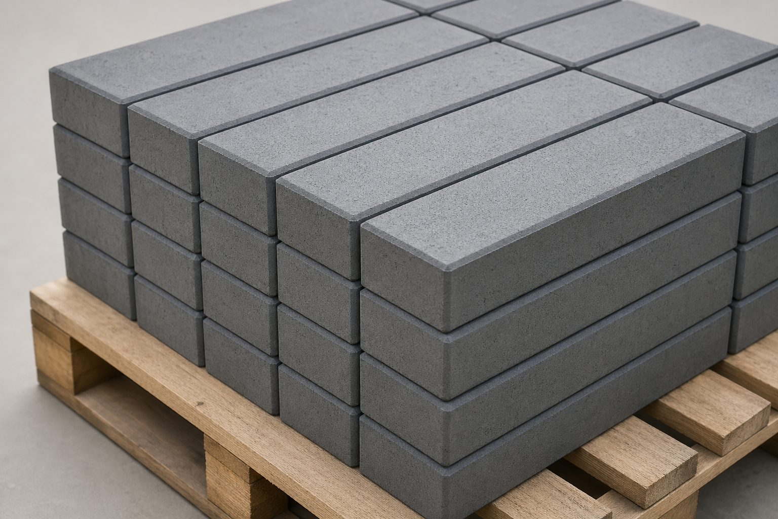 Крупный план плотной тротуарной плитки на поддоне, видна ровная текстура и чёткие грани