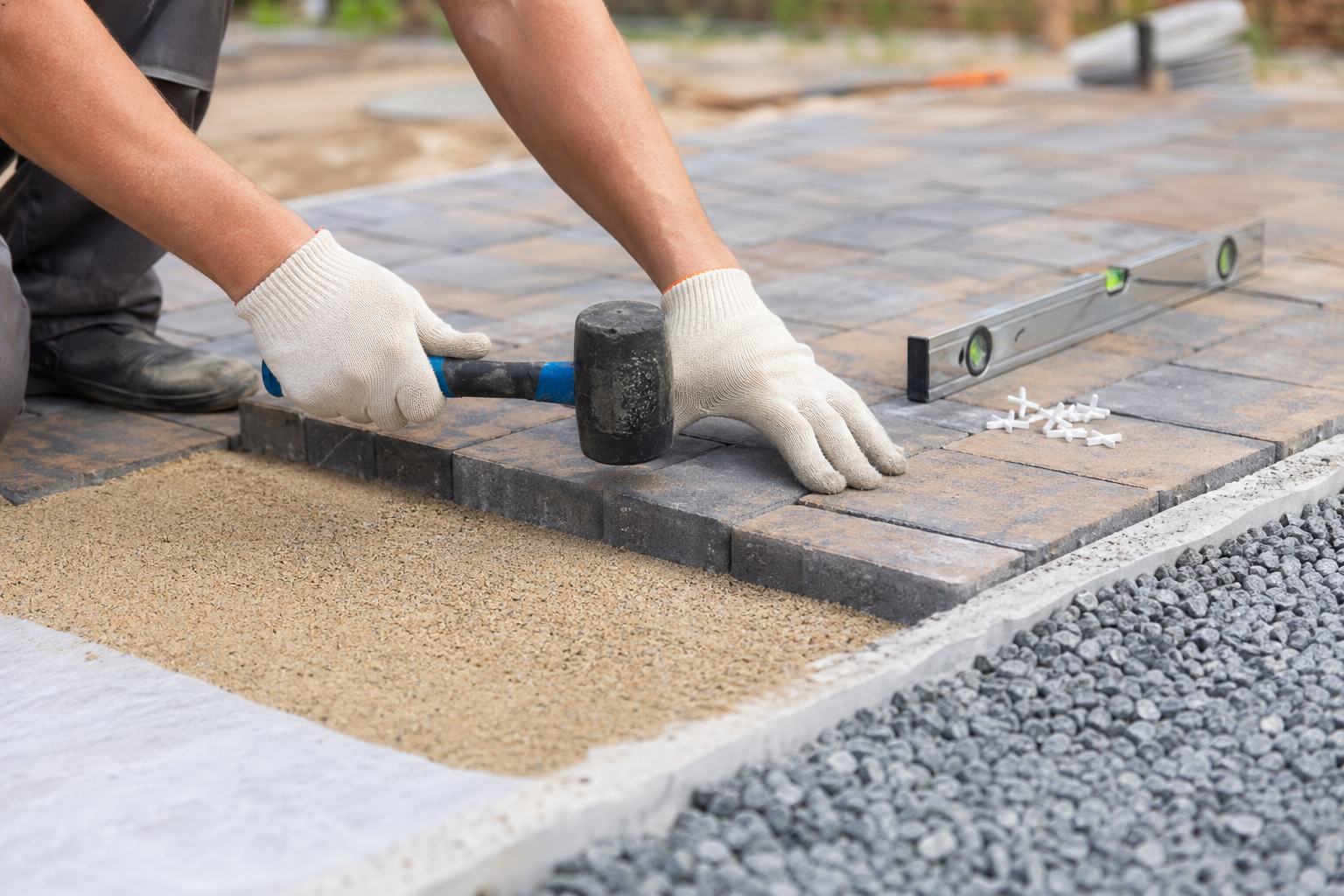 Укладка тротуарной плитки на подготовленное основание с геотекстилем и песком, рабочий процесс