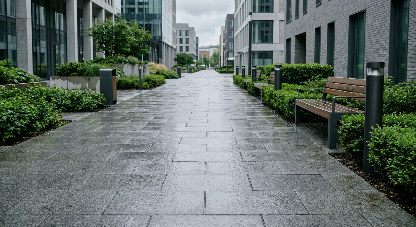 Мокрая тротуарная плитка на пешеходной дорожке, вода стекает по уклону, пасмурный день