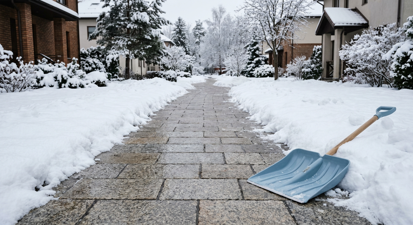 Зимний двор с тротуарной плиткой, частично очищенной от снега, пластиковая лопата на переднем плане