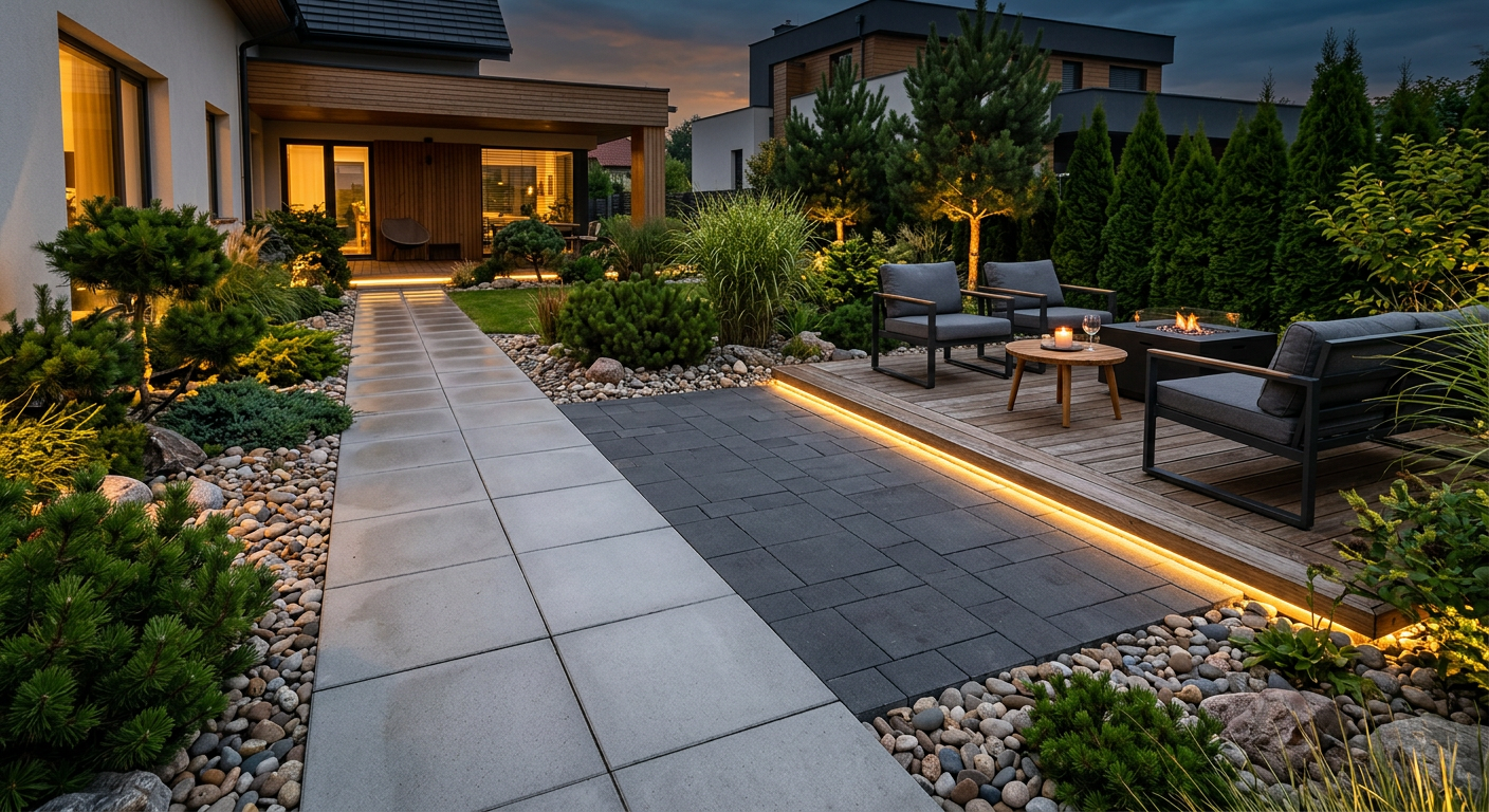 Зонирование двора тротуарной плиткой двух оттенков, вечернее освещение, ландшафтный дизайн