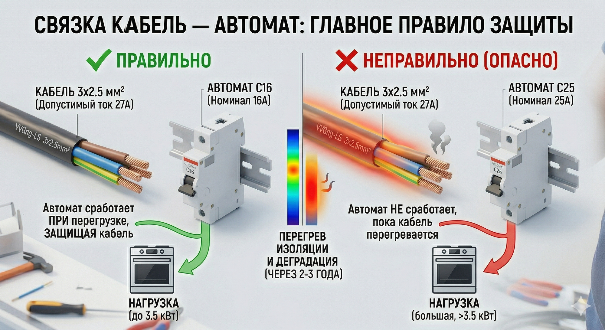 Правильный и неправильный подбор автомата по сечению кабеля ВВГнг-LS