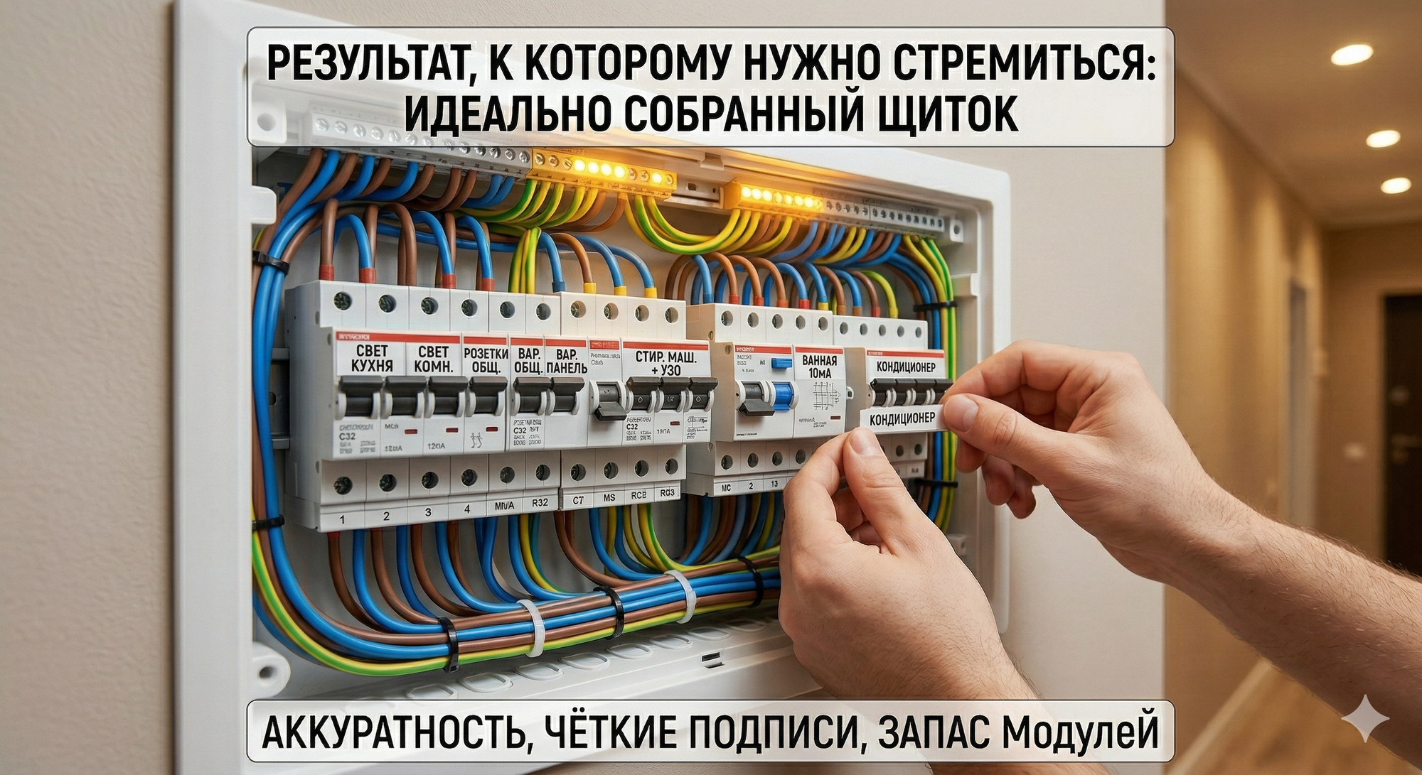 Правильно собранный электрощит в квартире: автоматические выключатели с маркировкой групп и аккуратной разводкой проводов
