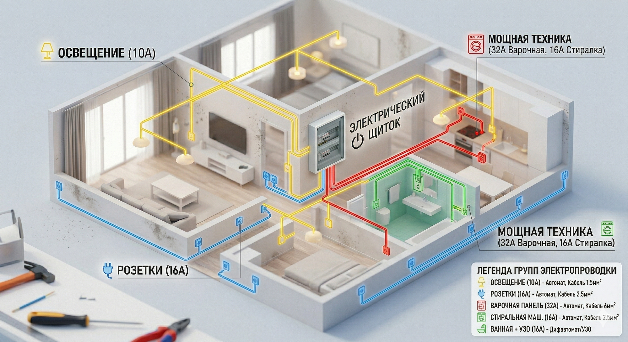 План квартиры с разделением электропроводки на группы: освещение, розетки, мощная бытовая техника, условно-мощная техника