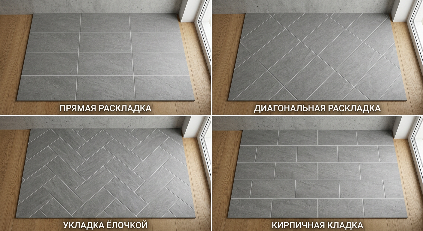 Четыре образца укладки серой плитки разными способами — прямая раскладка, диагональная, ёлочкой и кирпичной кладкой