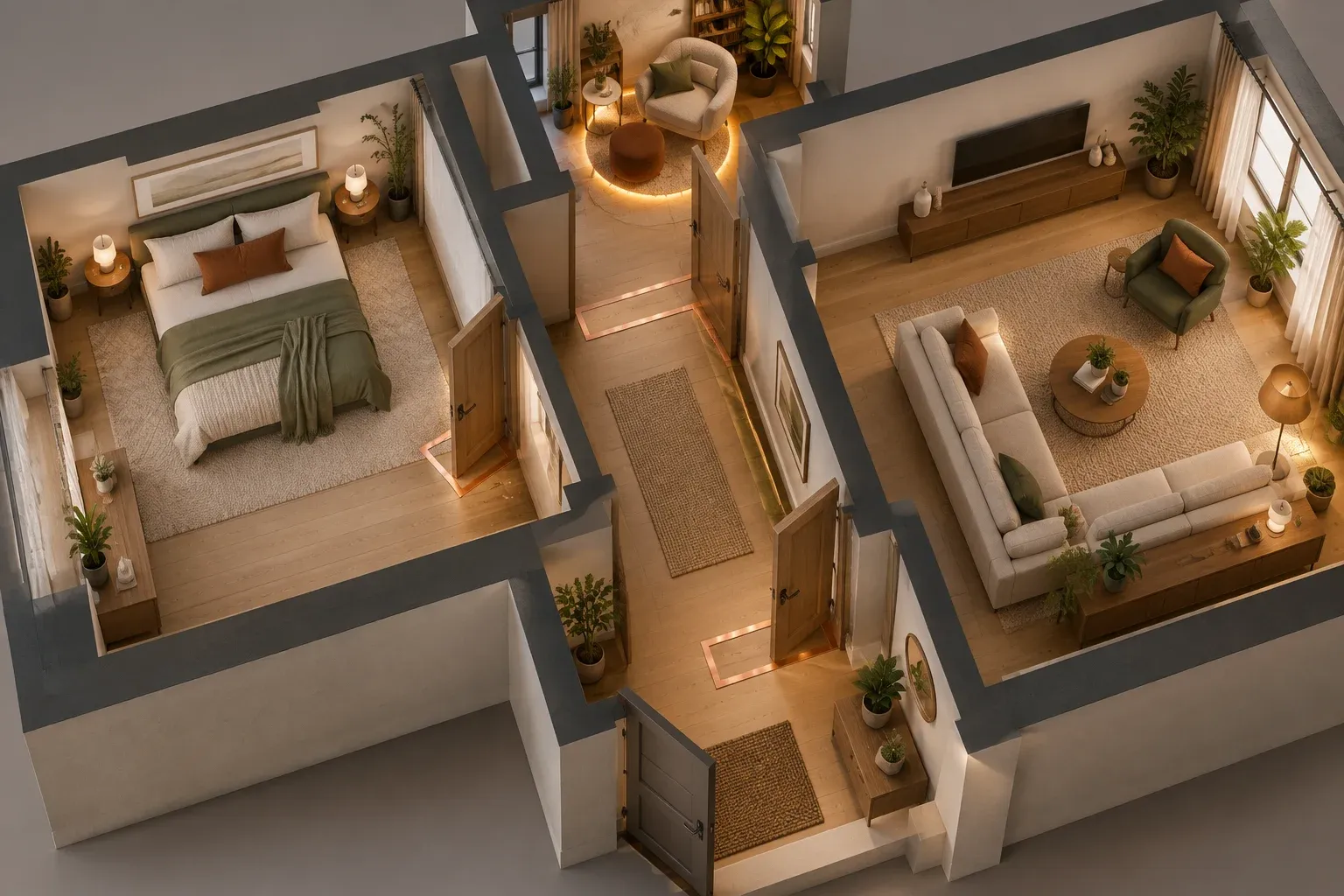 3D-план квартиры с коридором, спальней и гостиной