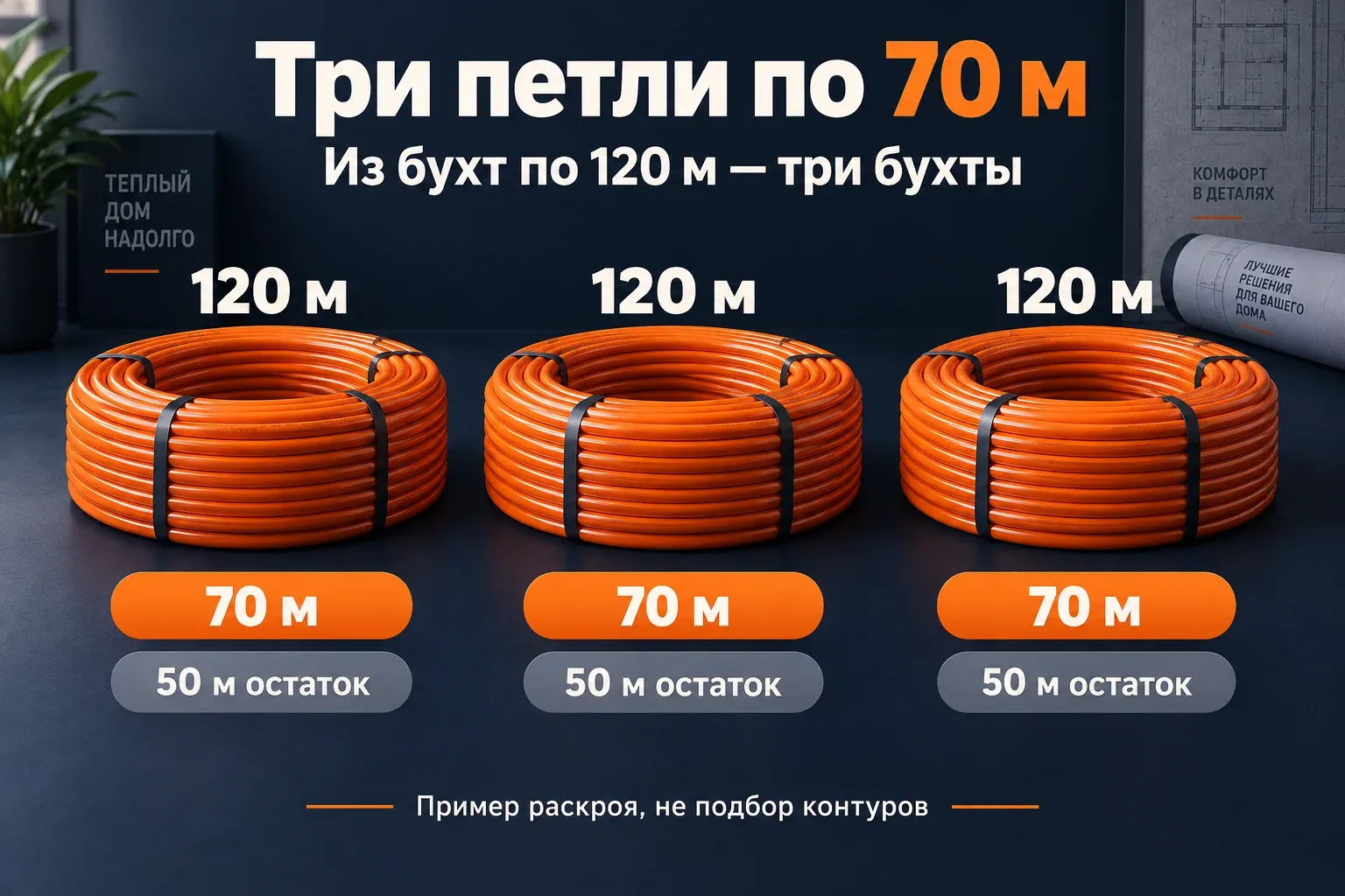 Три бухты по 120 м: из каждой выделяется отрезок 70 м и остаток 50 м