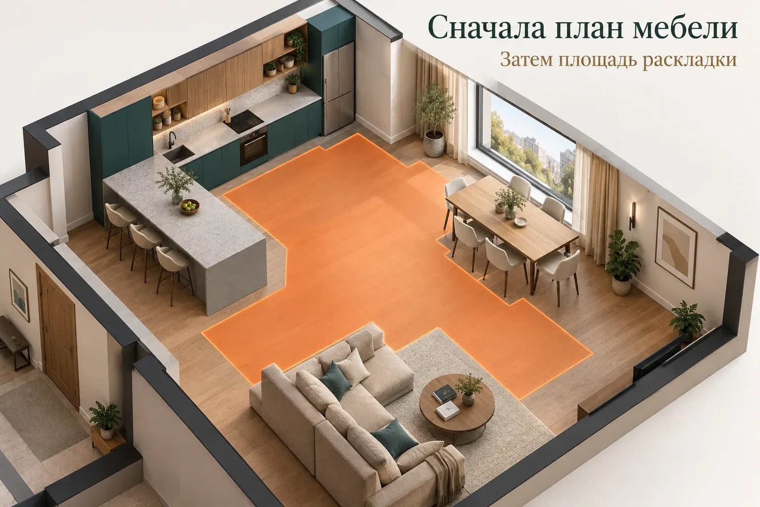 План кухни-гостиной с условно выделенной площадью раскладки