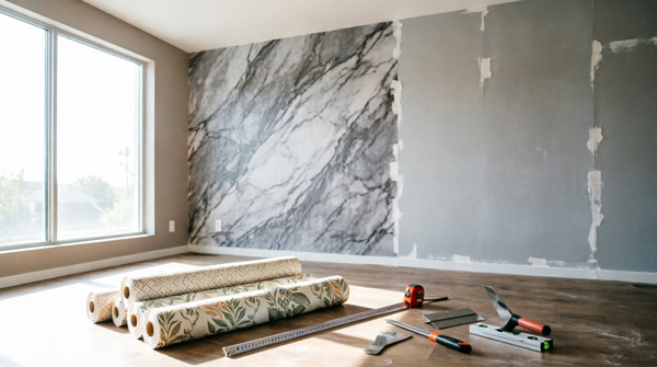 Комната в процессе оклейки обоями